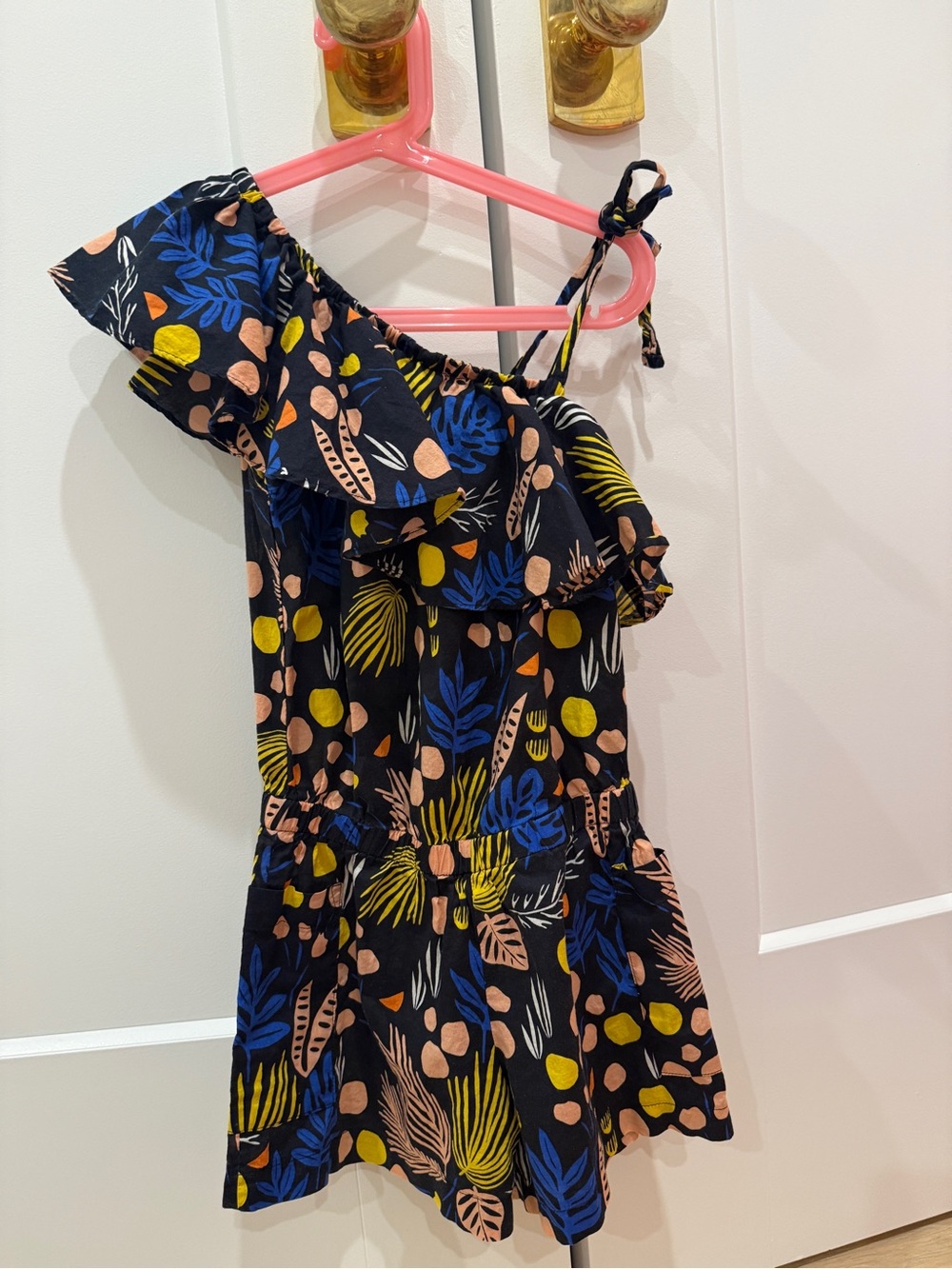 Girls Navy One-Shoulder Tropical Print Romper